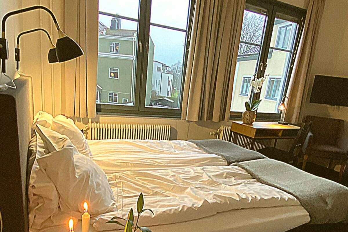 A bedroom with a bed, two windows, a radiator, a desk, a chair, and a plant.
