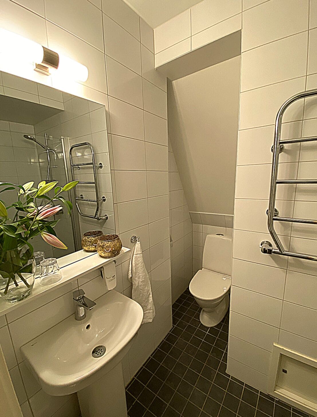 A modern bathroom with a white sink, mirror, and a towel rack.