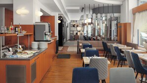 A modern restaurant with a buffet area, seating for 20 guests, and a bar. - Hotel Astoria (Prague)