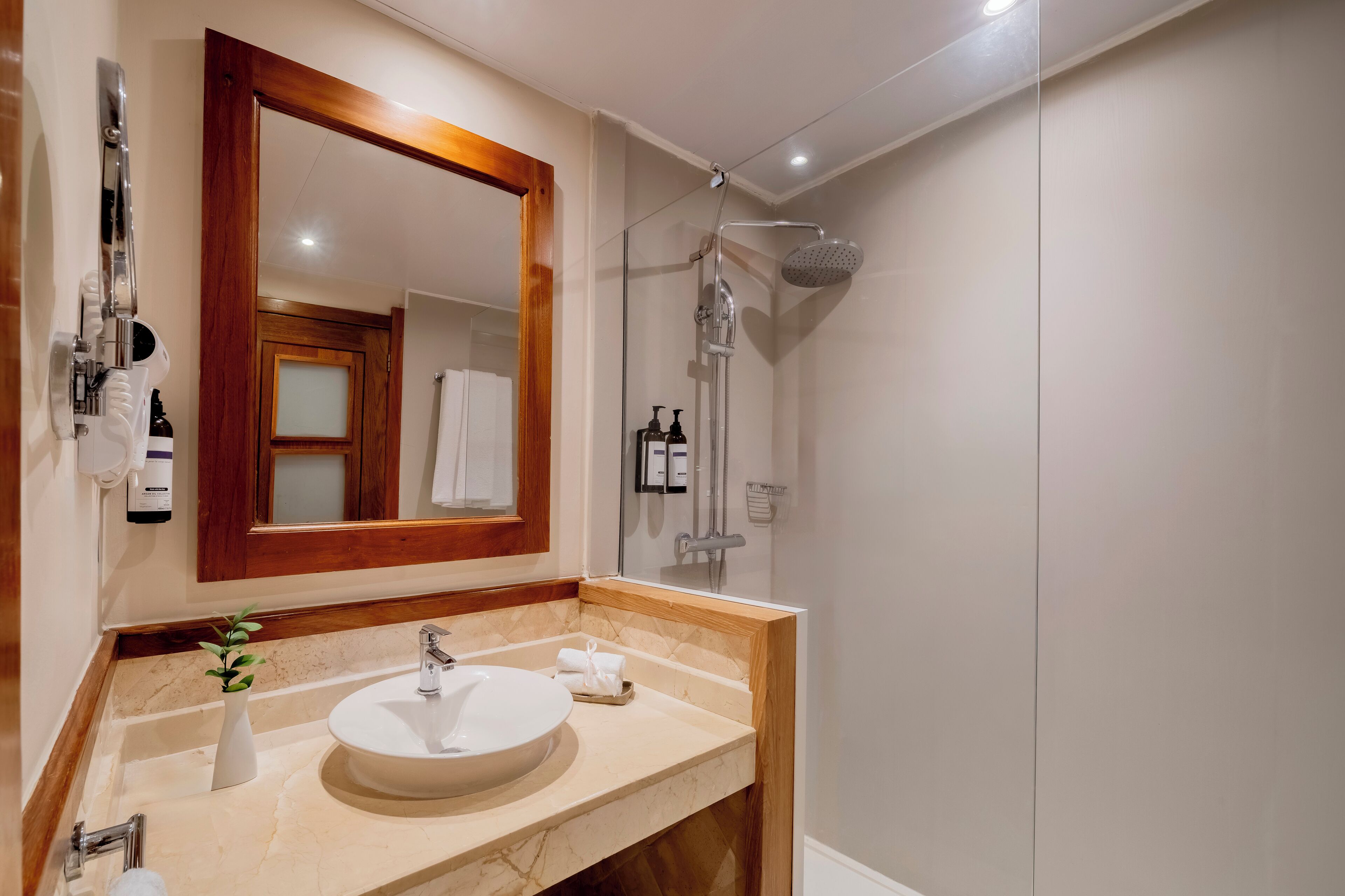 Une salle de bain équipée d’un lavabo, d’un miroir, d’une douche et d’articles de toilette.