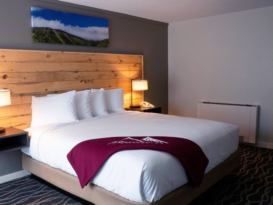 A hotel room with a wooden headboard, two bedside lamps, a bed with white linens, a red throw blanket, a nightstand, and a wall-mounted painting of a mountain landscape.