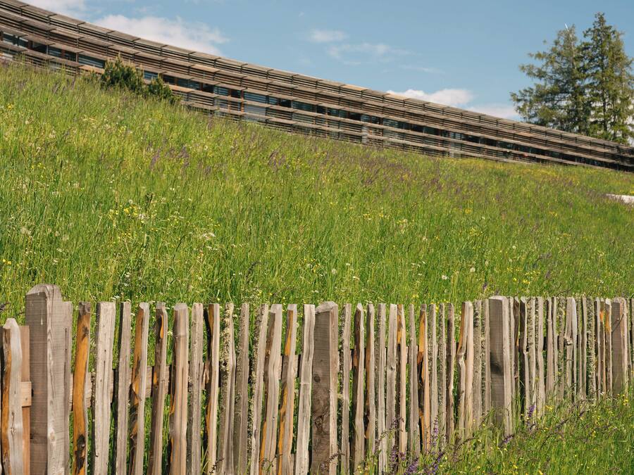 A wooden fence with a grassy field and a train in the background.