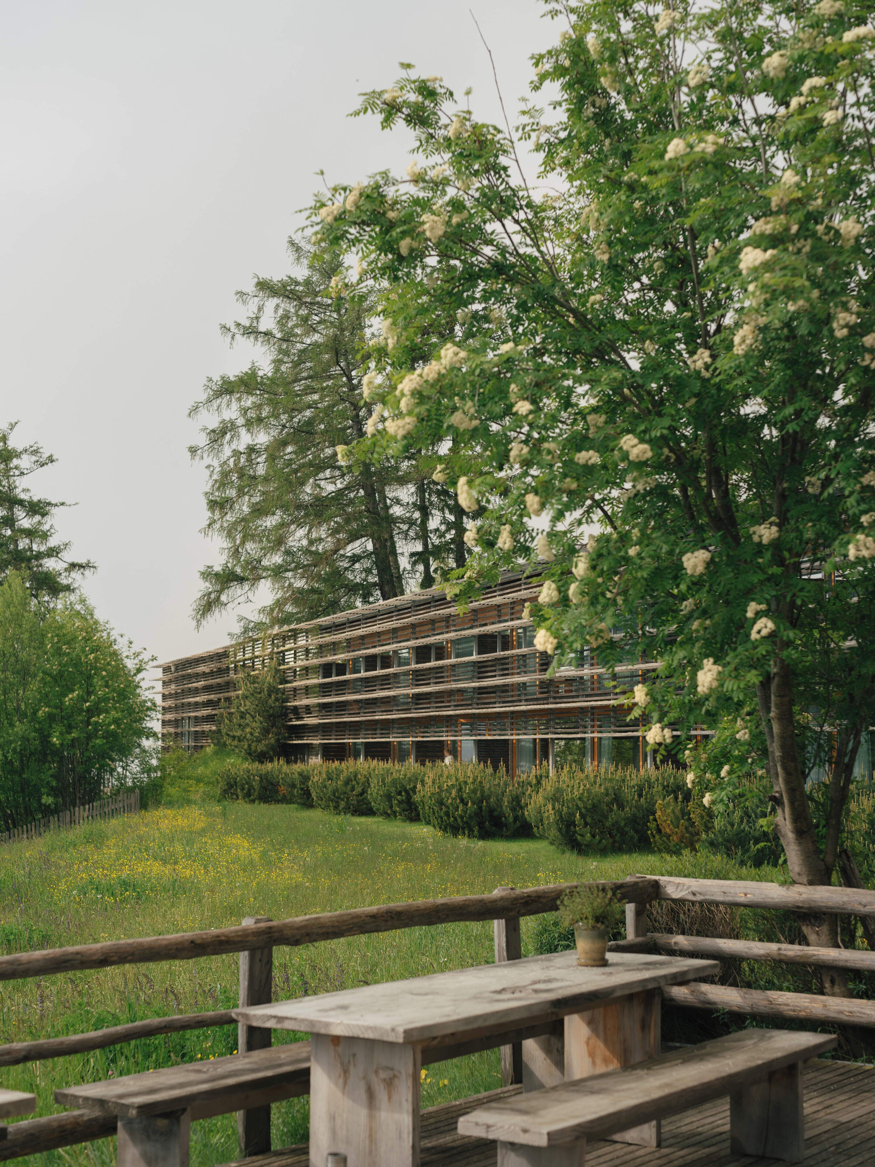 Un edificio moderno con terraza de madera y mesas de picnic en un área ajardinada con árboles y un campo cubierto de césped.