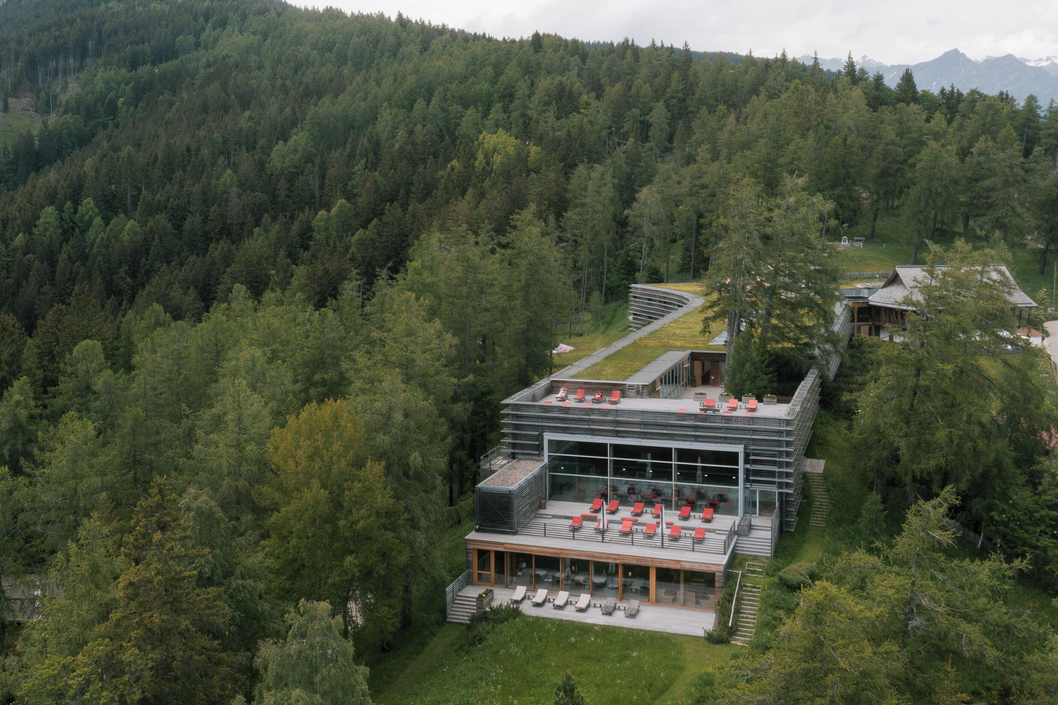 A modern building with a glass facade, surrounded by dense forest.