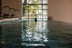 An indoor swimming pool with clear water, a person swimming, and a large window with a view of trees.