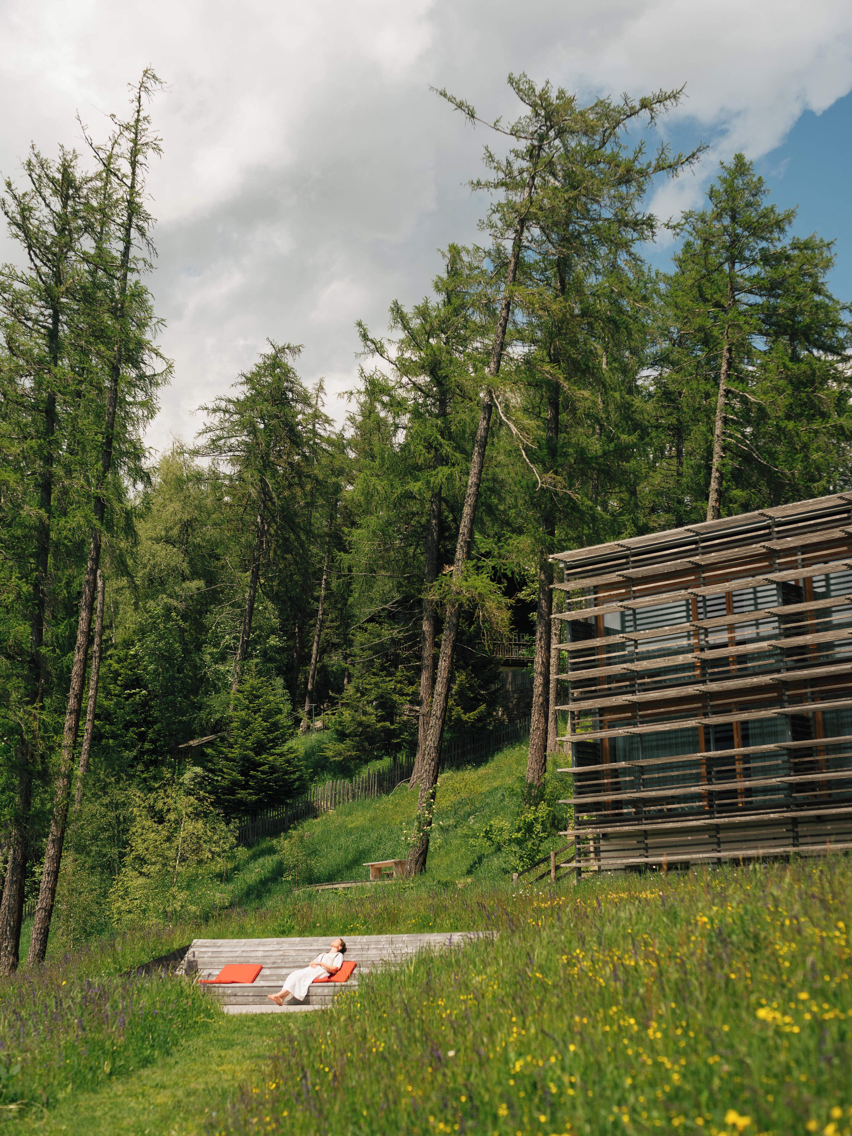 A wooden cabin with a sloped roof, surrounded by a forested area with tall trees.