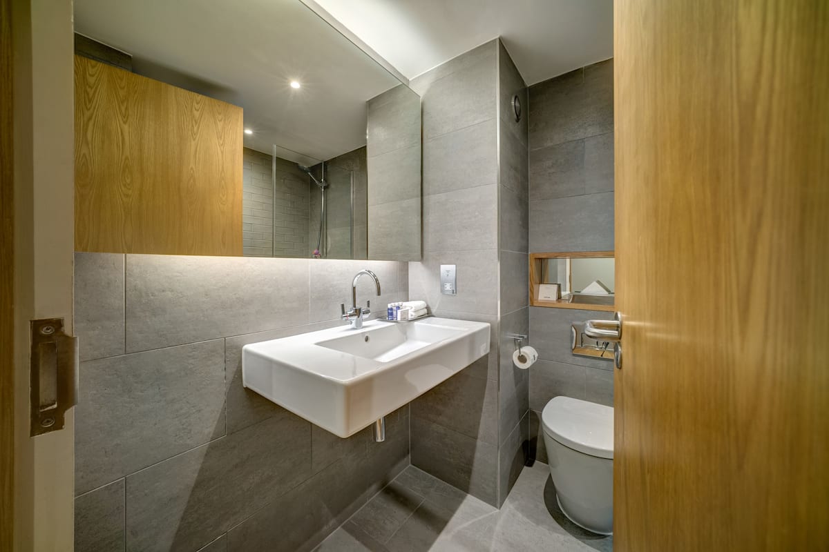 shower, eco-friendly toiletries, hair dryer, towels