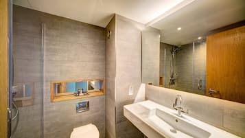 Shower, eco-friendly toiletries, hair dryer, towels