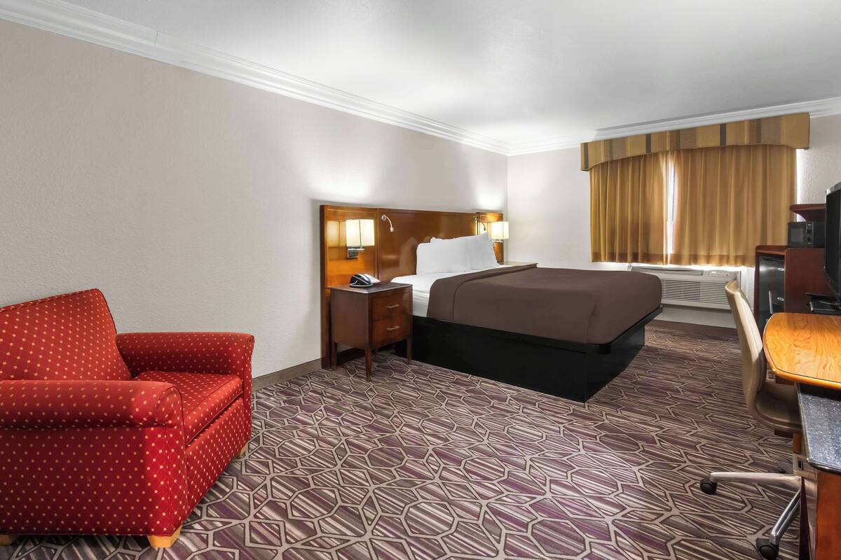 Une chambre d’hôtel avec un lit, un canapé rouge, un bureau avec un ordinateur et une fenêtre avec des rideaux.