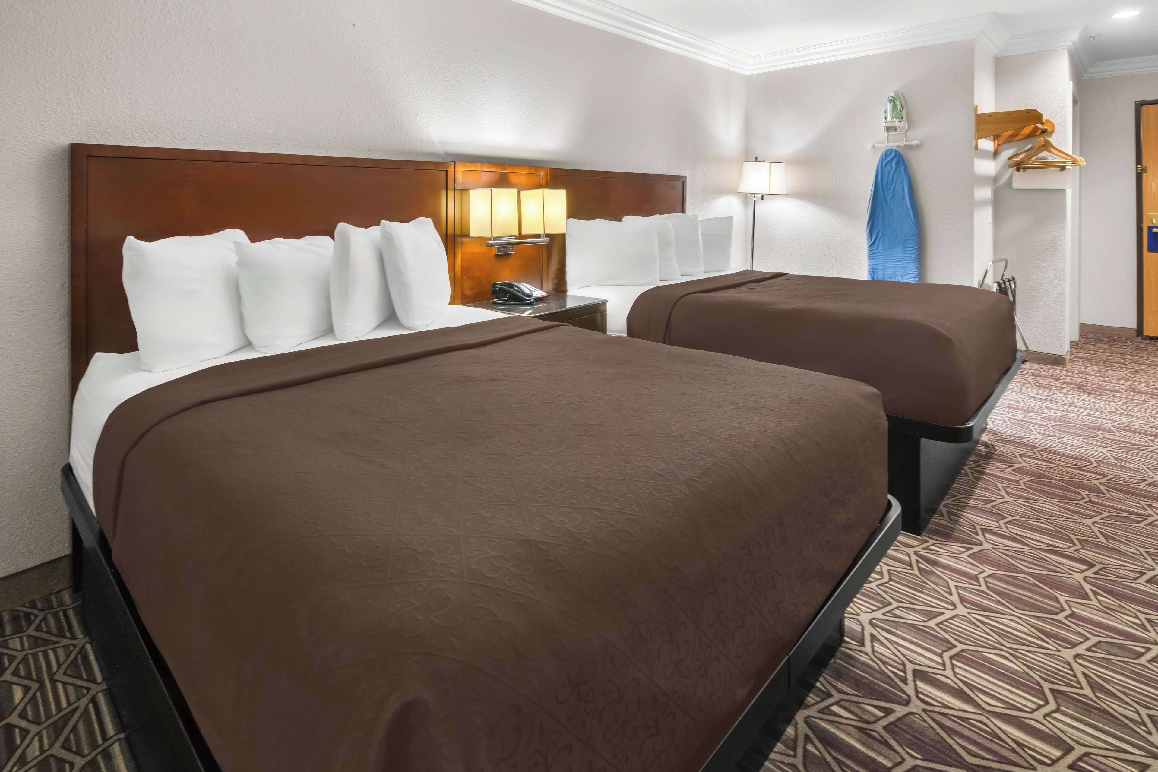 A hotel room with two beds, a wooden headboard, a bedside table with a lamp, and a patterned carpet.