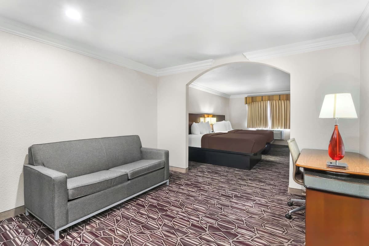 Une chambre d’hôtel avec un canapé gris, un lit avec une tête de lit marron, un bureau avec une lampe et une moquette à motifs.