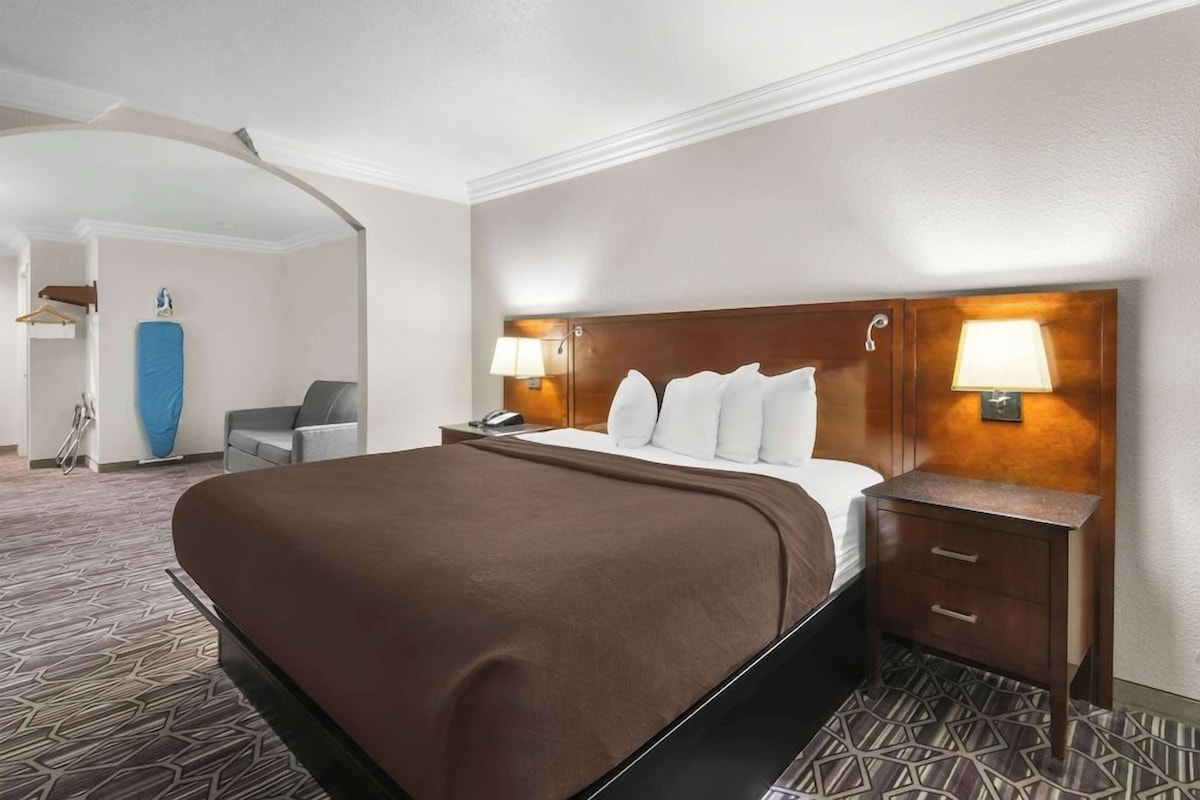Habitación de hotel con una cama grande, dos mesitas de noche con lámparas, una silla y un adorno azul en la pared.