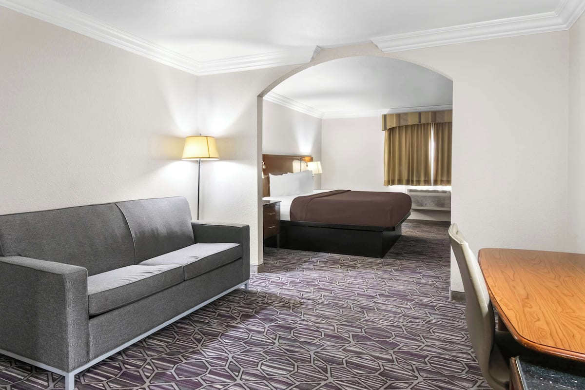Une chambre d’hôtel avec un canapé gris, une table en bois, une moquette à motifs, un lit et un bureau avec une lampe.