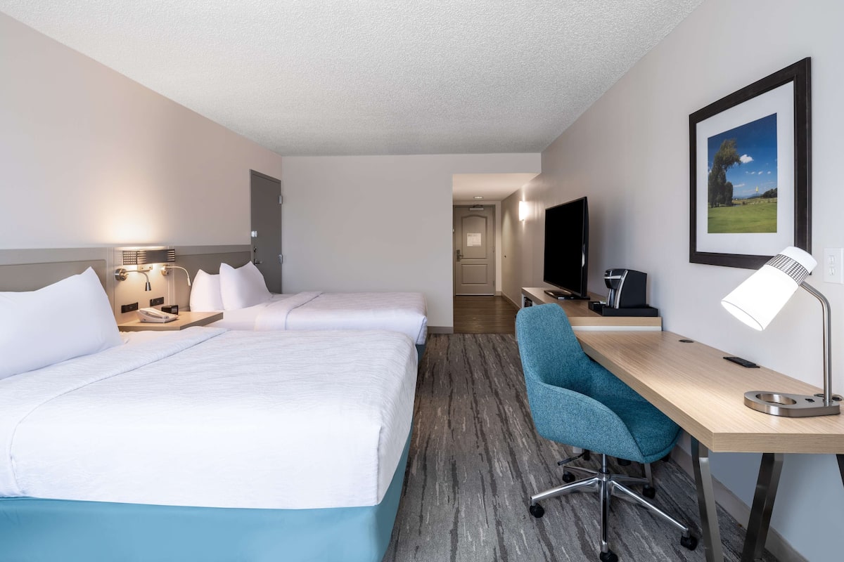 A hotel room with two beds, a desk with a computer, a TV, and a framed picture on the wall.
