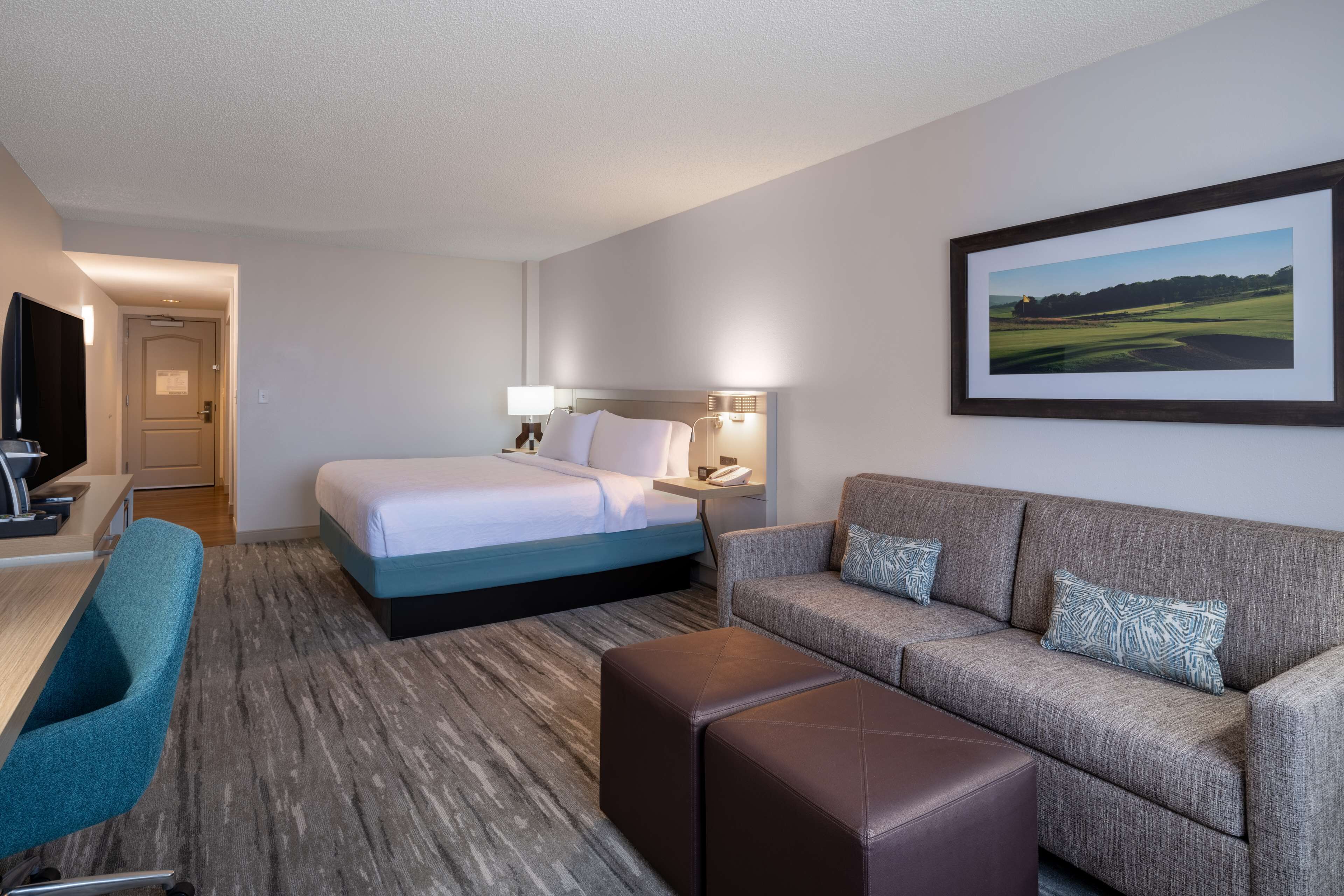 Una habitación de hotel con cama, sofá, escritorio y televisión.