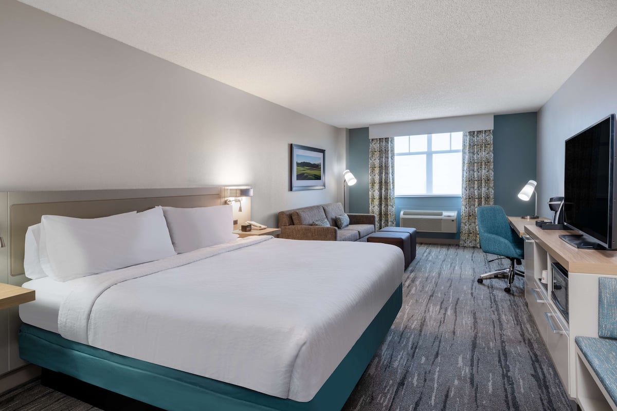 A hotel room with a large bed, a desk with a TV, a chair, a sofa, and a window with curtains.