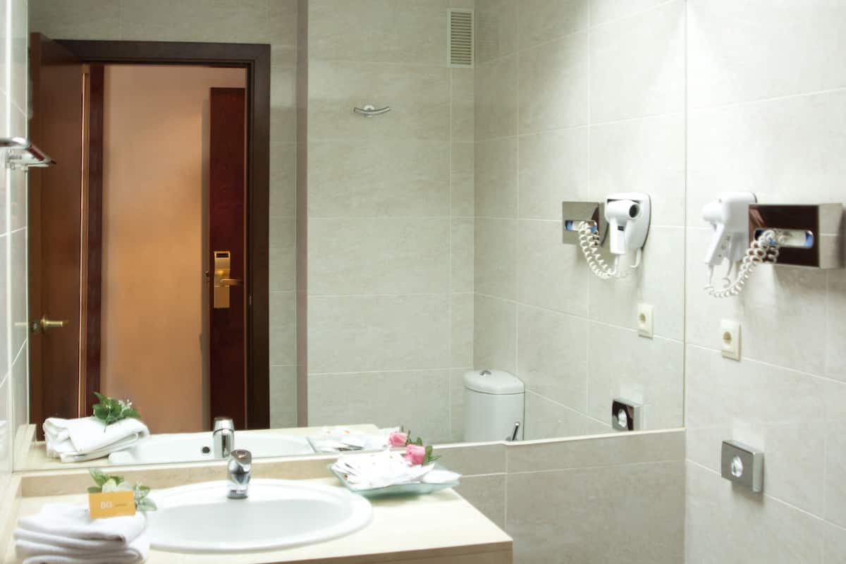 hair dryer, bidet, towels