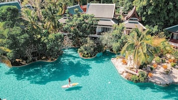Outdoor pool, pool umbrellas, pool loungers