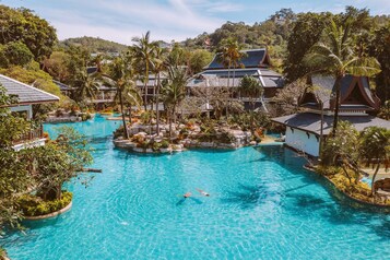Outdoor pool, pool umbrellas, pool loungers