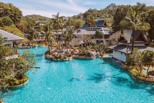 Outdoor pool, pool umbrellas, pool loungers