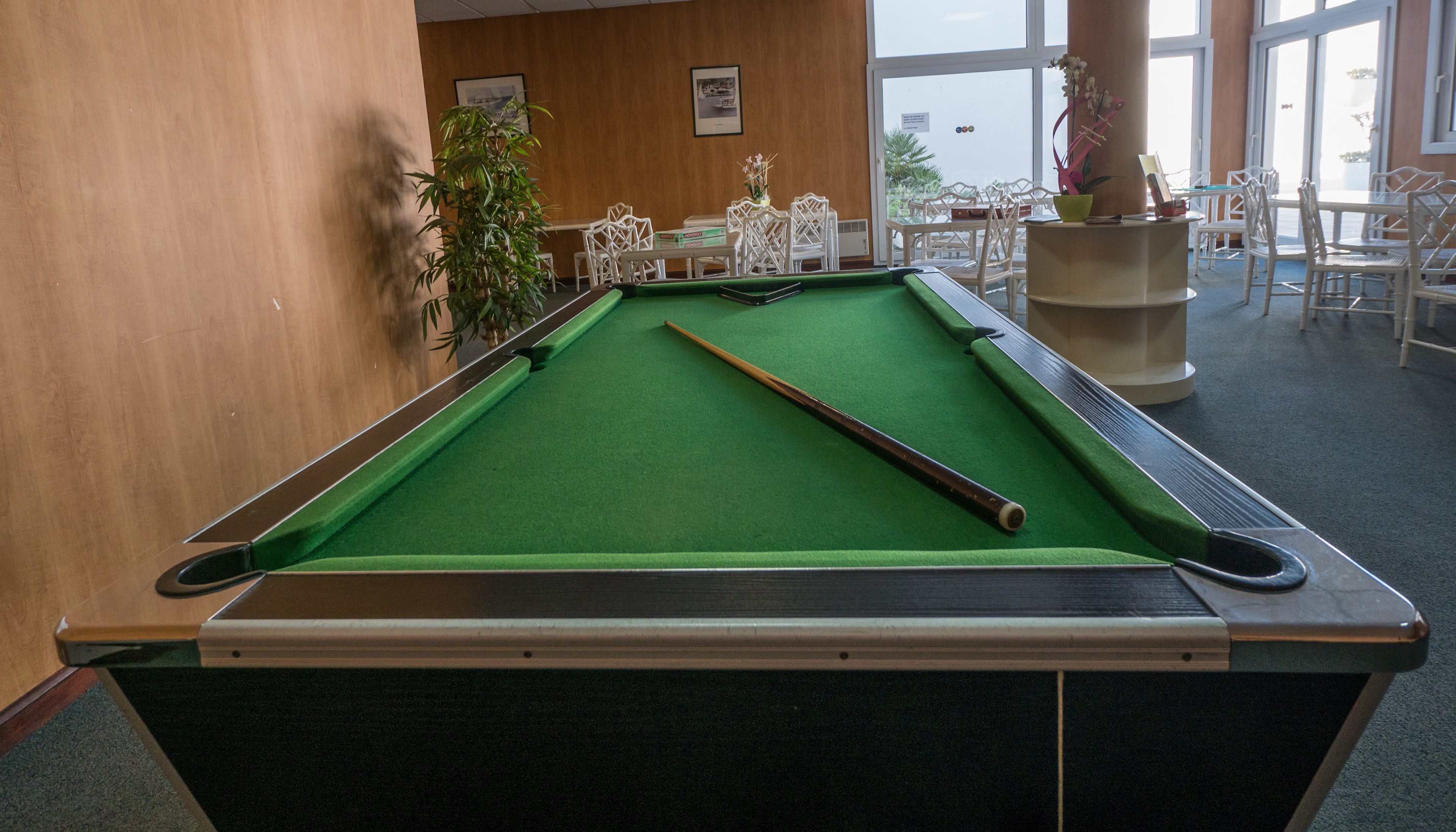 Een pooltafel met een groene viltbekleding, omringd door witte stoelen en een potplant.