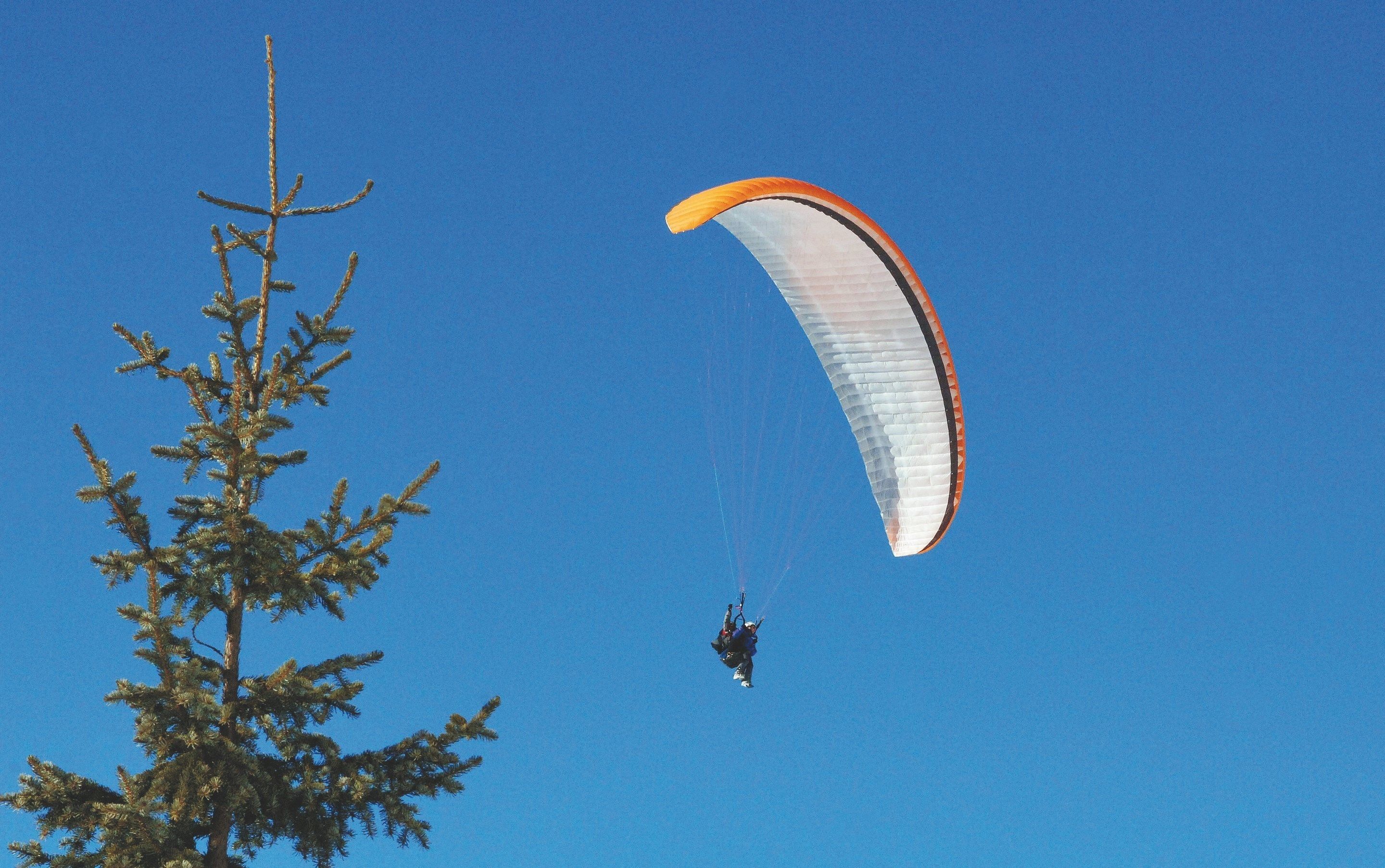 A paraglider with a large wing against a clear blue sky.