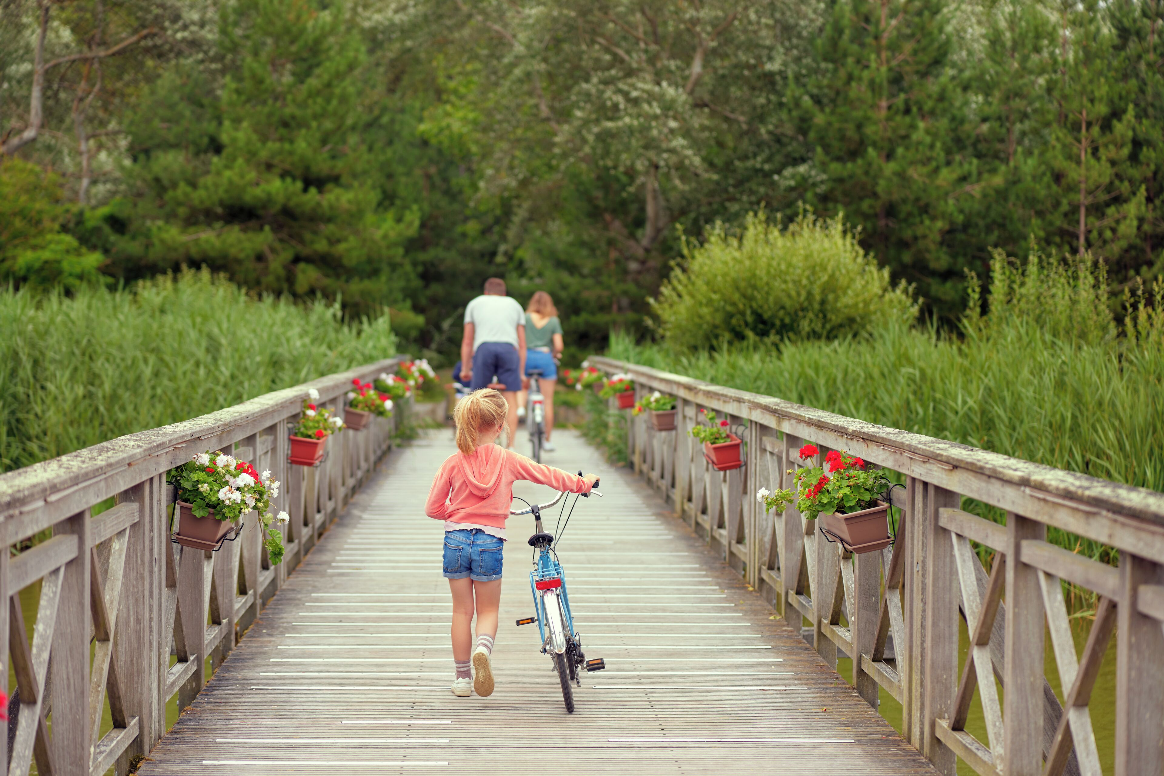 A wooden bridge with flower planters on both sides, leading into a forested area.