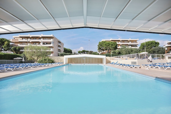 Seasonal outdoor pool, sun loungers