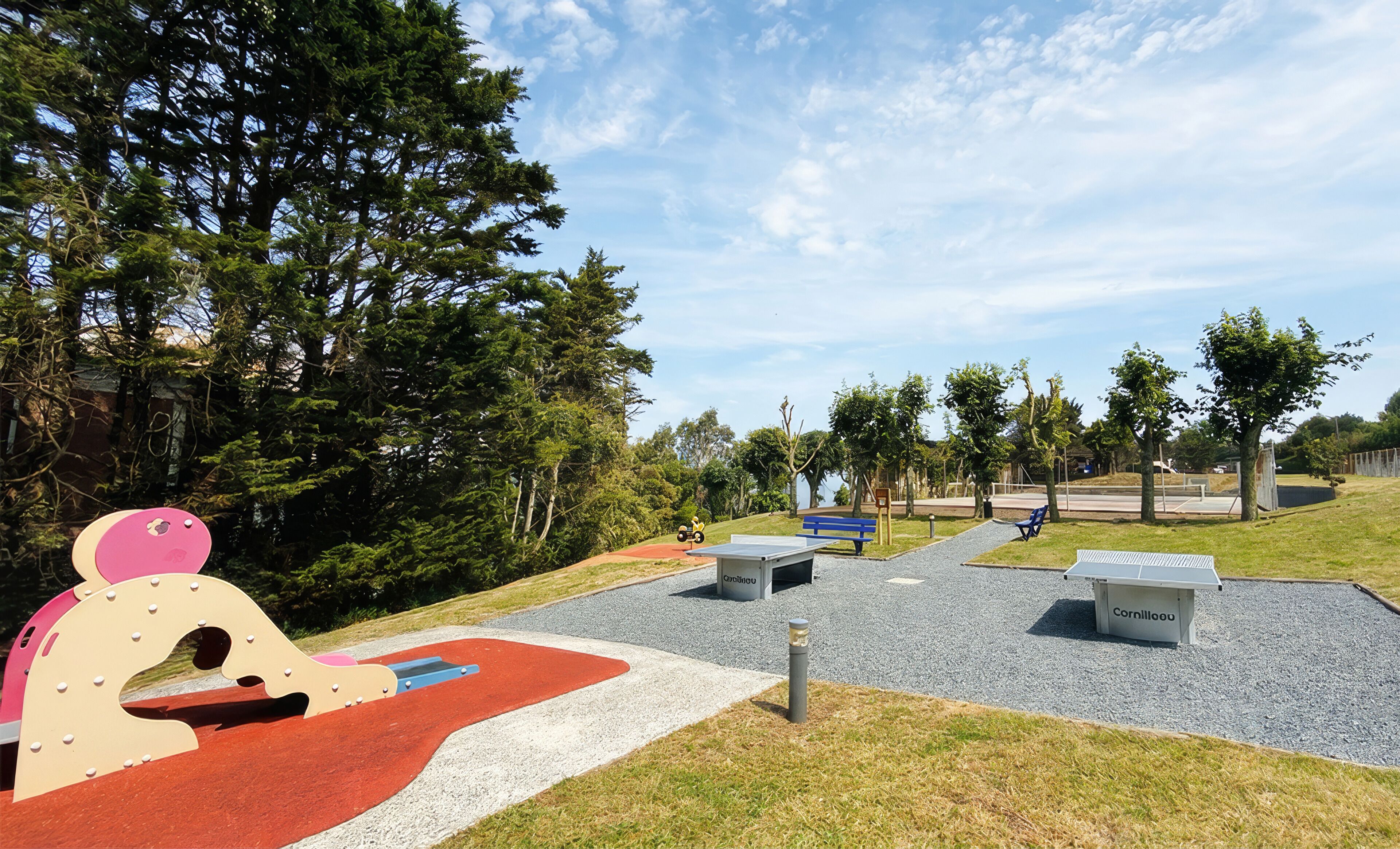 A playground with a slide, climbing structures, and benches.