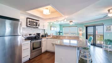 Deluxe Condo, Beach View | Private kitchen | Full-size fridge, microwave, stovetop, dishwasher