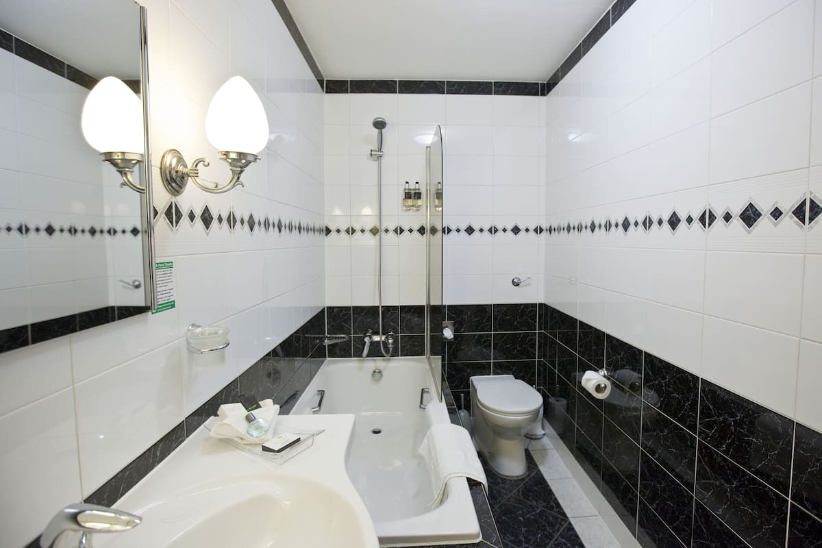 combined shower/bathtub, designer toiletries, hair dryer, towels