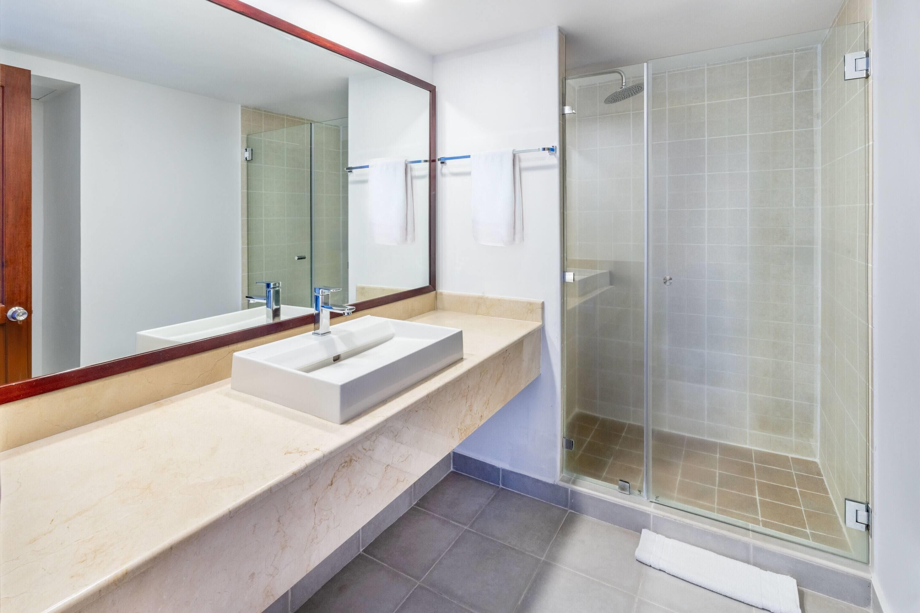 Un baño moderno con un espejo grande, dos lavamanos y una ducha con cerramiento de vidrio.