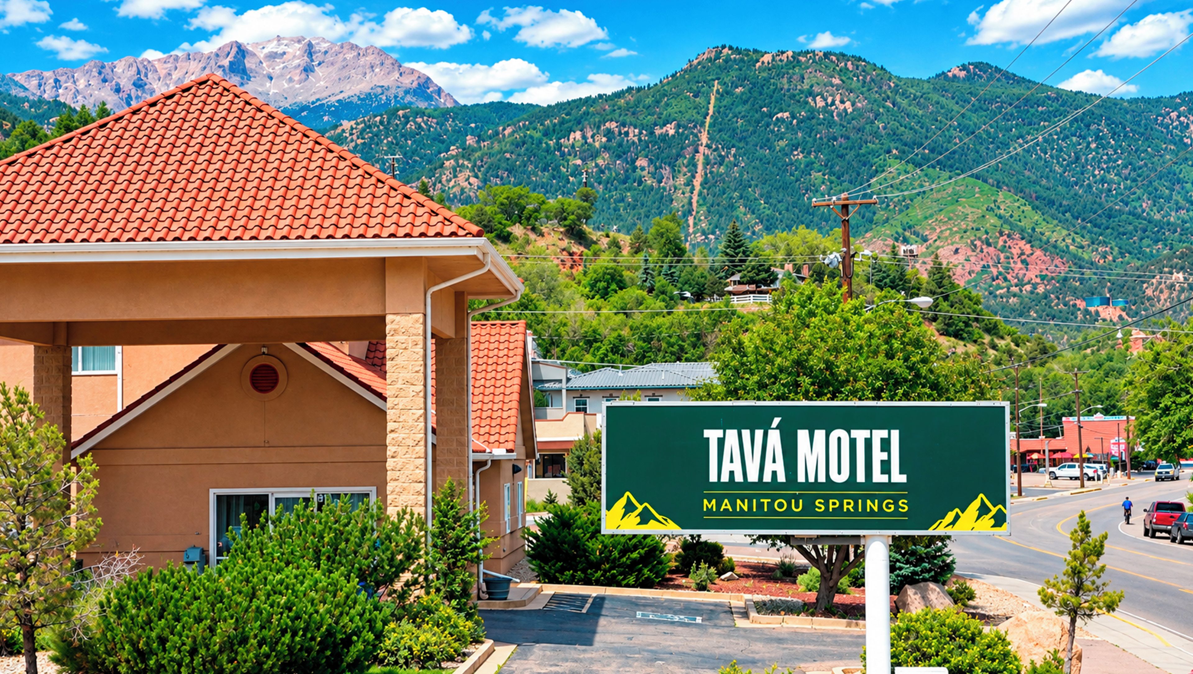 A Tava Motel sign with a mountain backdrop.