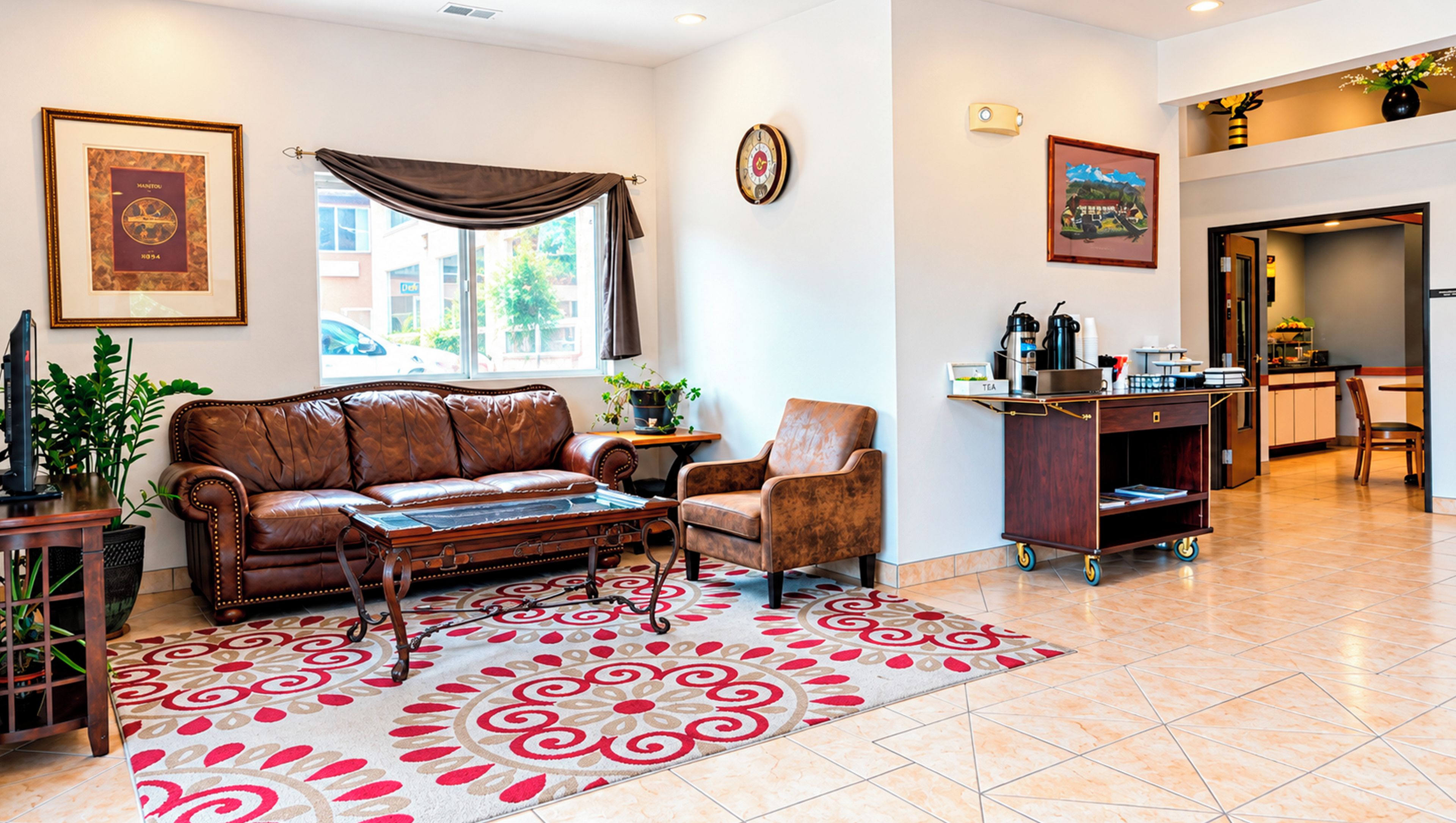 A living room with a leather sofa, a patterned rug, a coffee table, and a dining area with a cart.