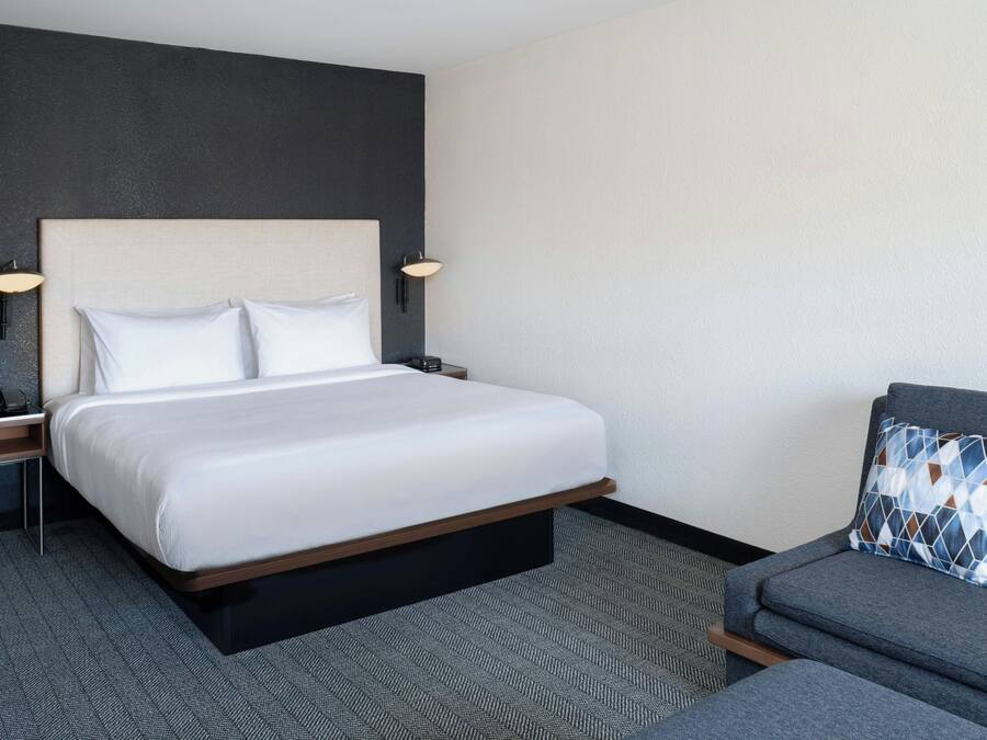 Een hotelkamer met een groot bed, twee nachtkastjes met lampen, een grijze bank en een kamerkleed met dessin.