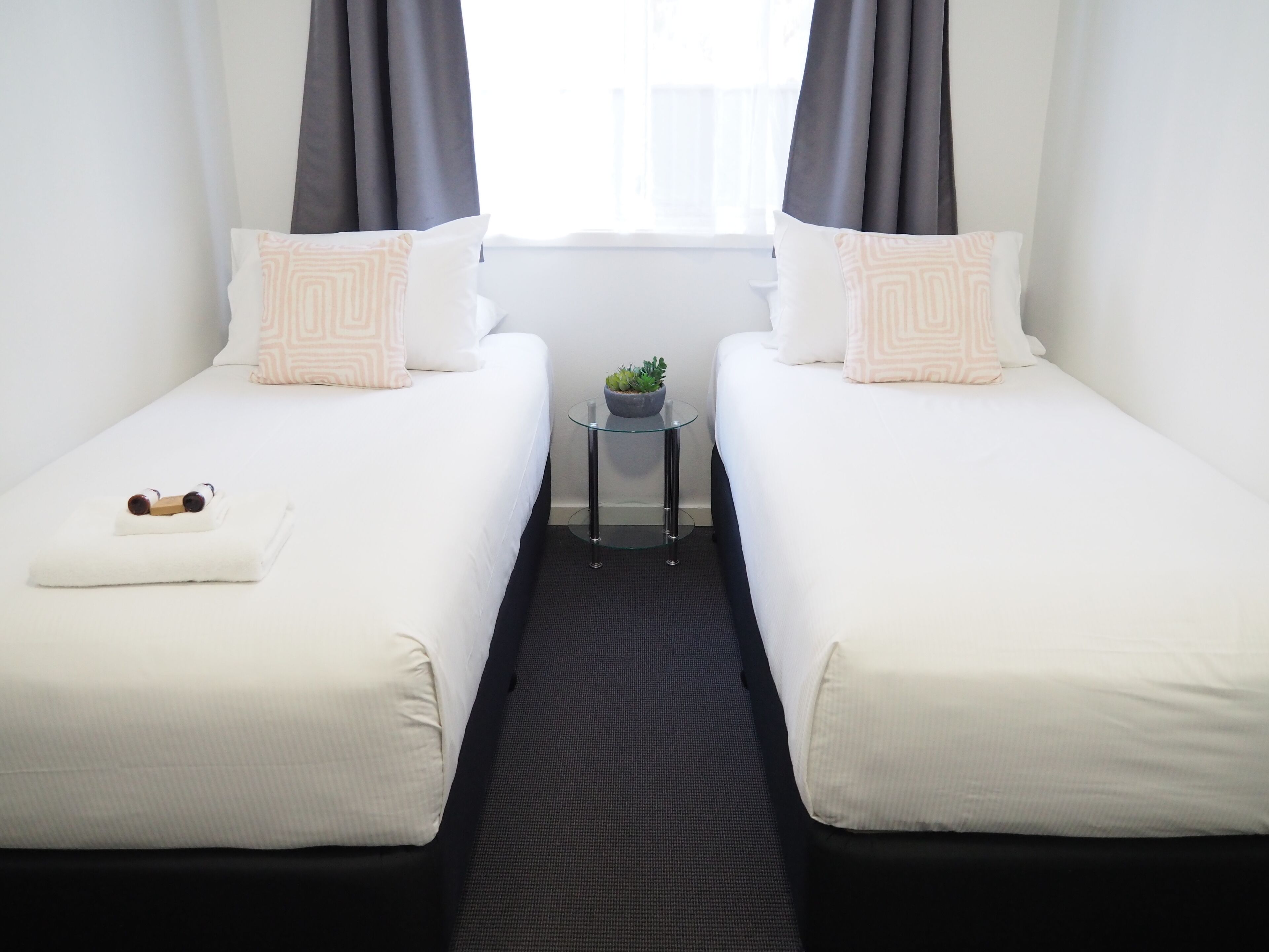 A hotel room with two single beds, a small table with a plant, and a window with curtains.