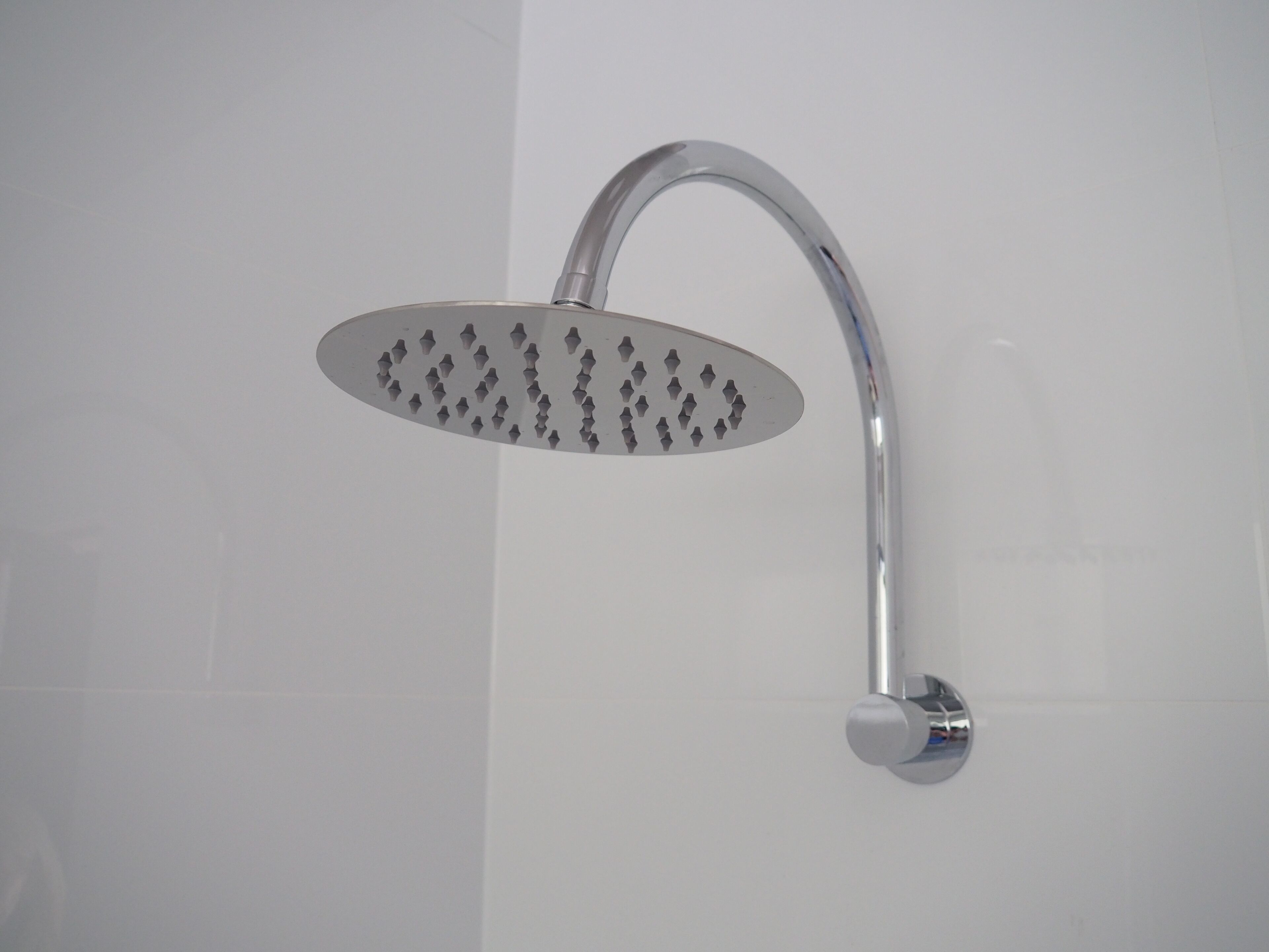 A modern showerhead with a curved design and a single circular nozzle.