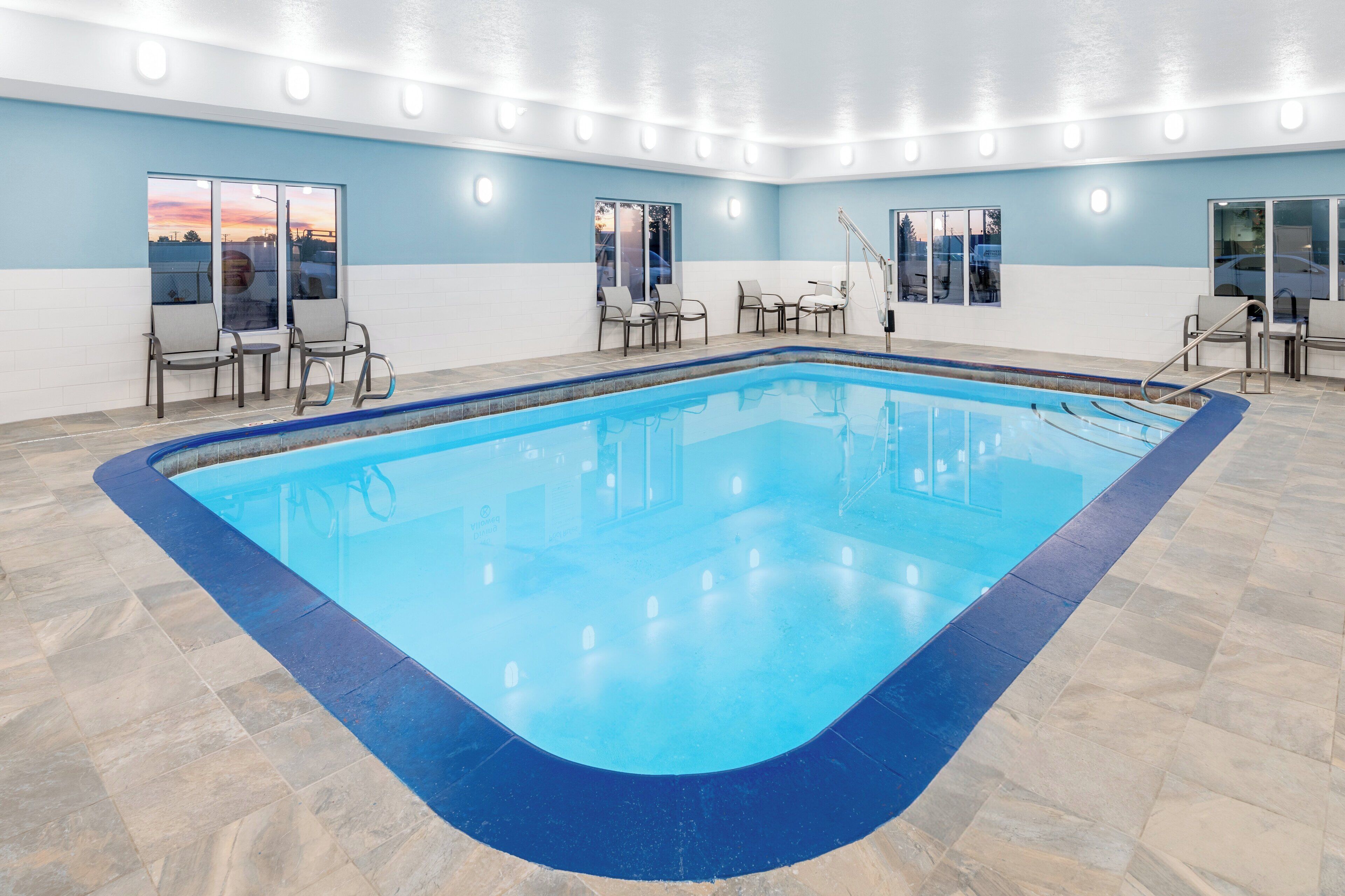 indoor pool, open 6 am to 11 pm, pool loungers