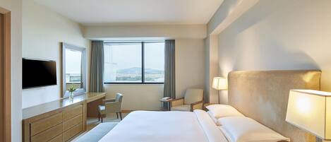 A hotel room with a bed, a desk, a chair, a TV, and a window with a view.