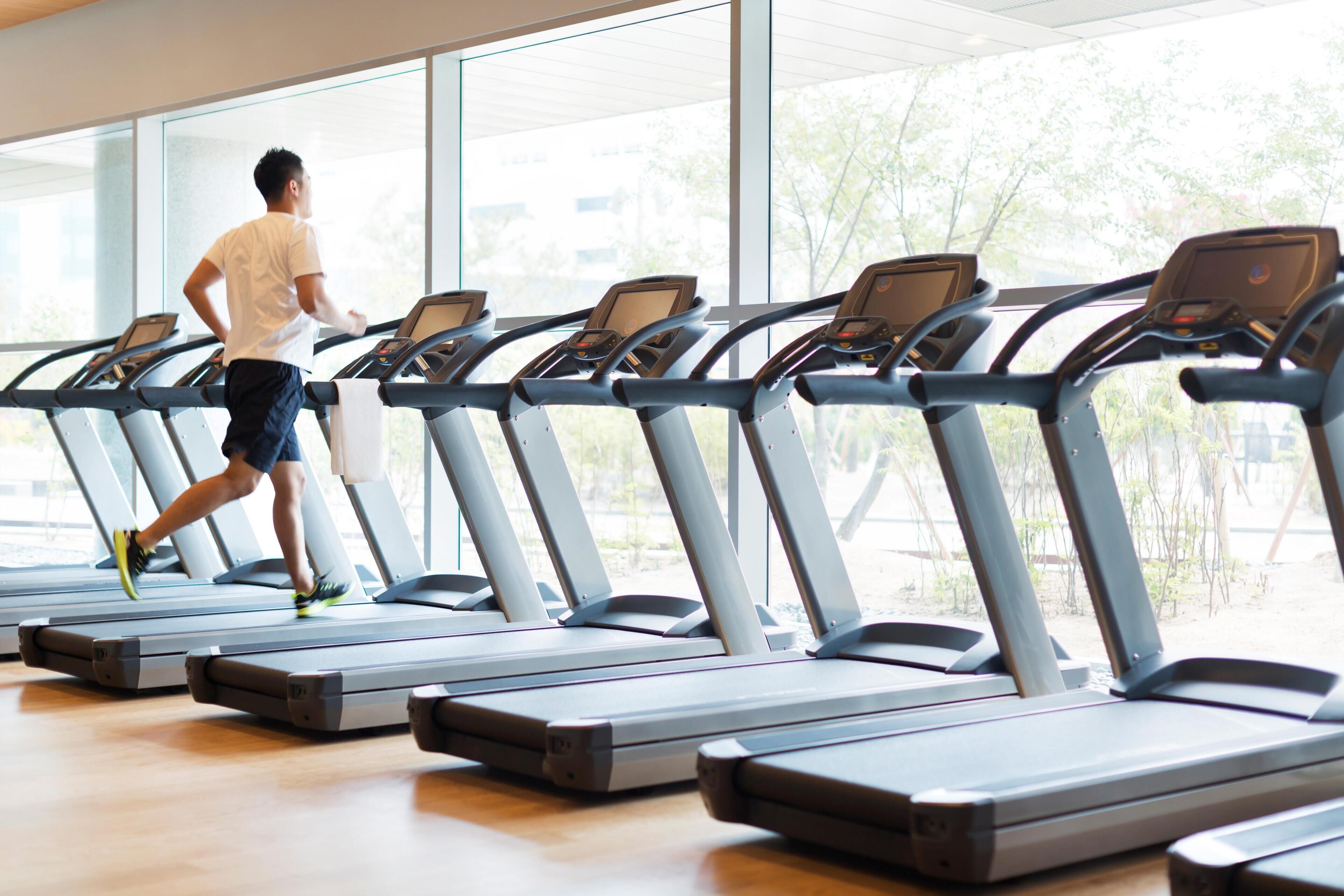 Un gimnasio con cintas de correr alineadas, ventanas amplias y vistas a árboles.