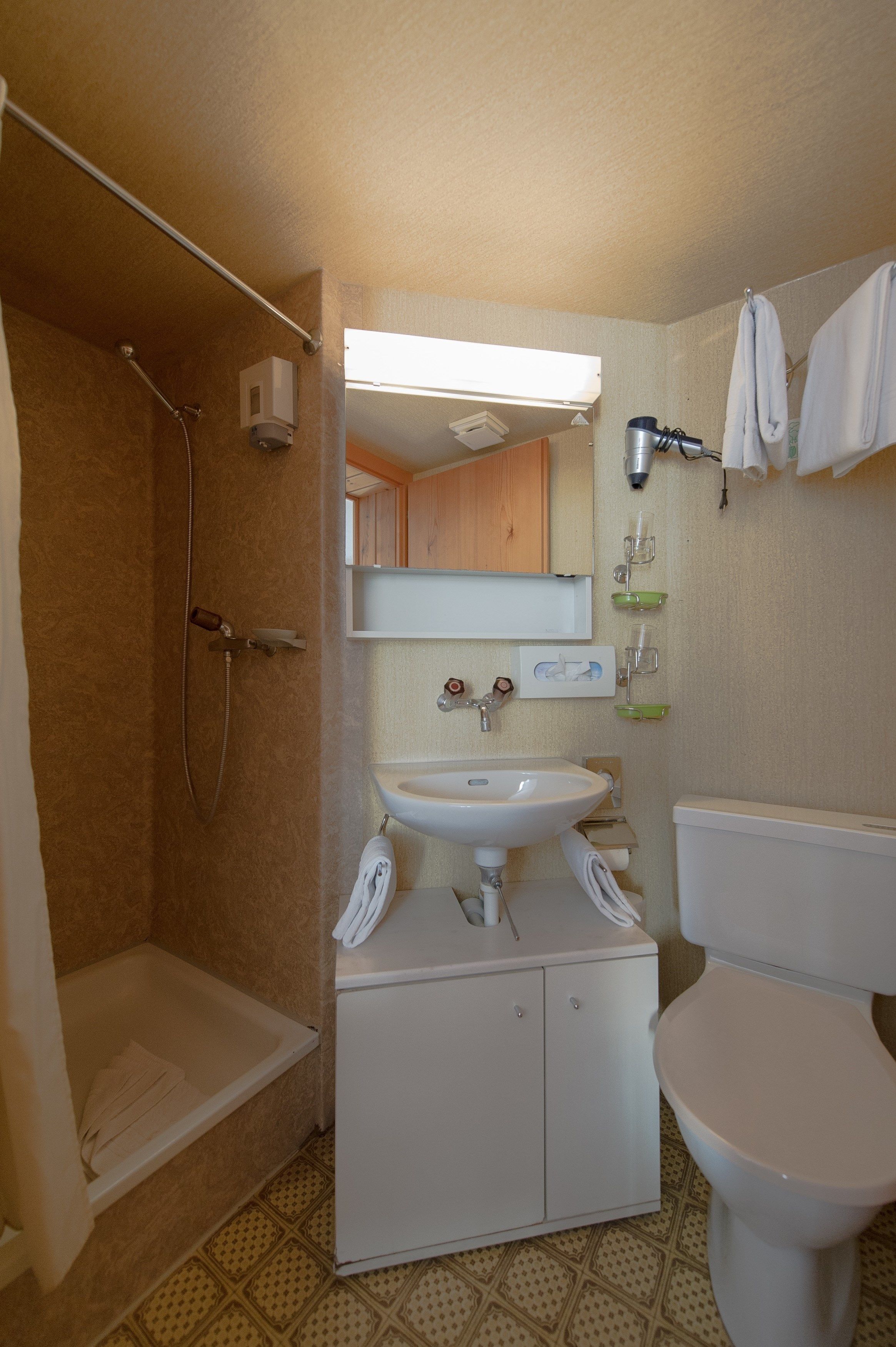 A bathroom with a shower, sink, toilet, and a mirror above the sink.