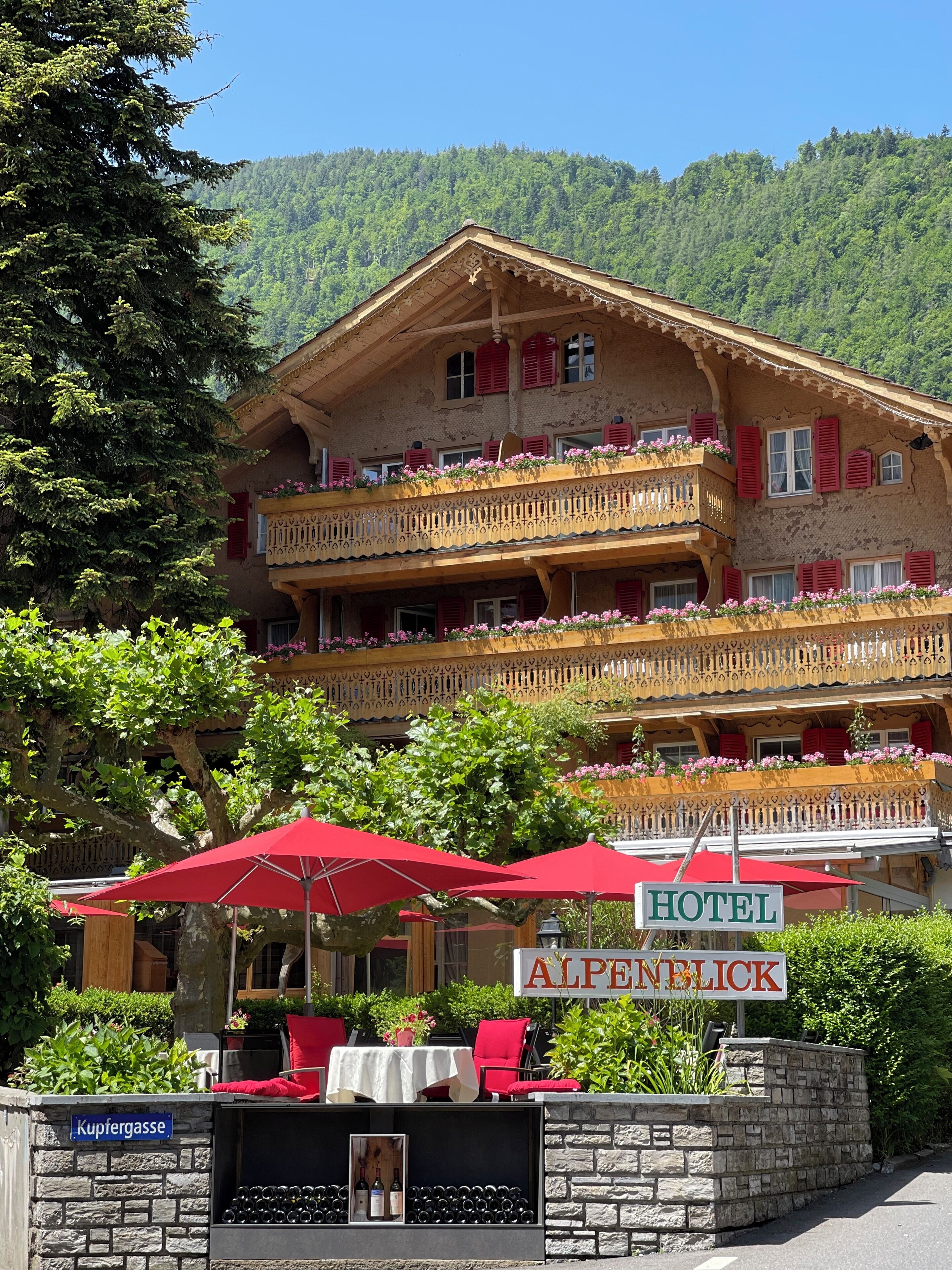 Un hôtel de style alpin traditionnel, doté de balcons ornés de jardinières, d’un mur en pierre agrémenté d’une étagère à vin et offrant une vue dégagée sur les collines boisées environnantes.
