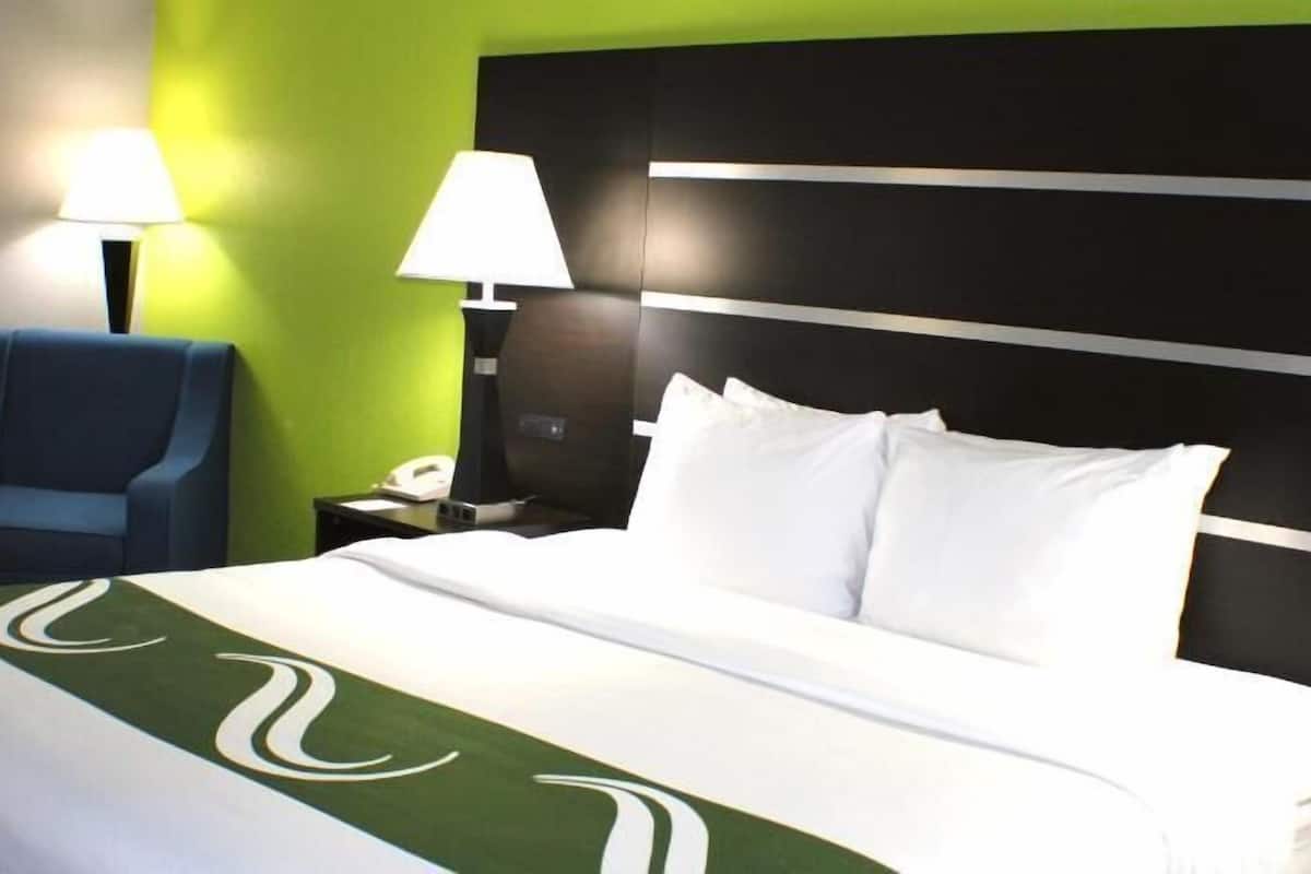 A hotel room with a bed, a blue chair, a nightstand with a lamp, and a green wall.