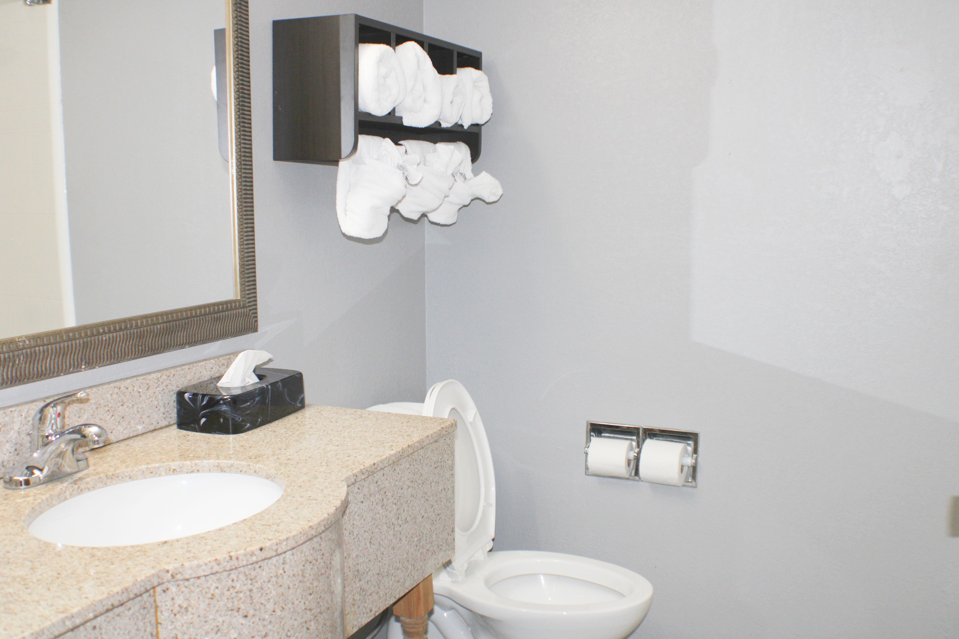 A bathroom with a sink, toilet, and towel rack.