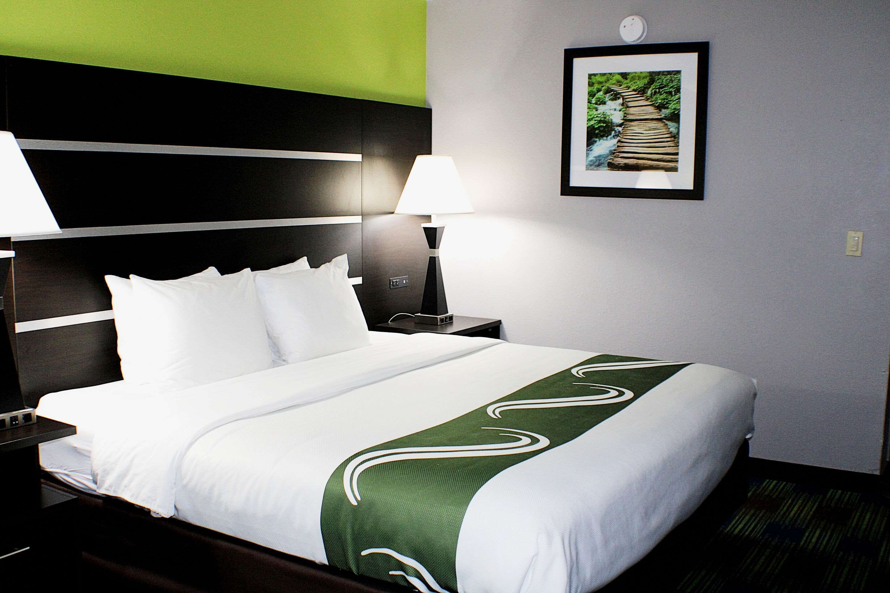 Una habitación de hotel con una cama bien hecha, una mesita de noche con una lámpara y un cuadro en la pared.
