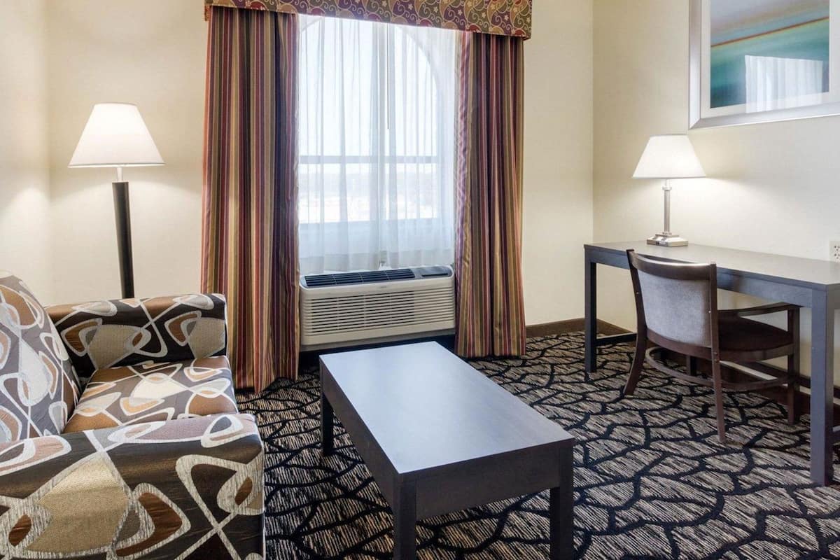Une chambre d’hôtel avec un canapé, une petite table, un bureau, une chaise, une fenêtre avec des rideaux, un radiateur et un tableau au mur.