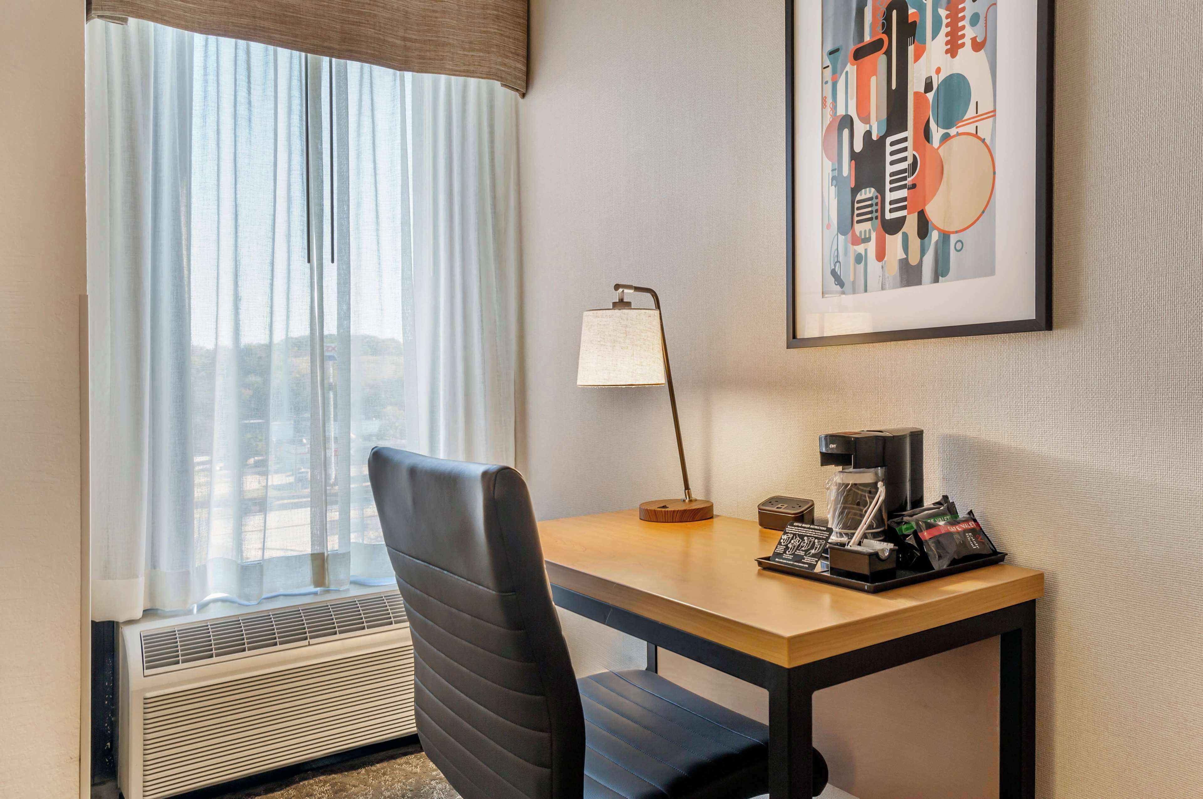 1 bedroom, desk, blackout curtains, iron/ironing board