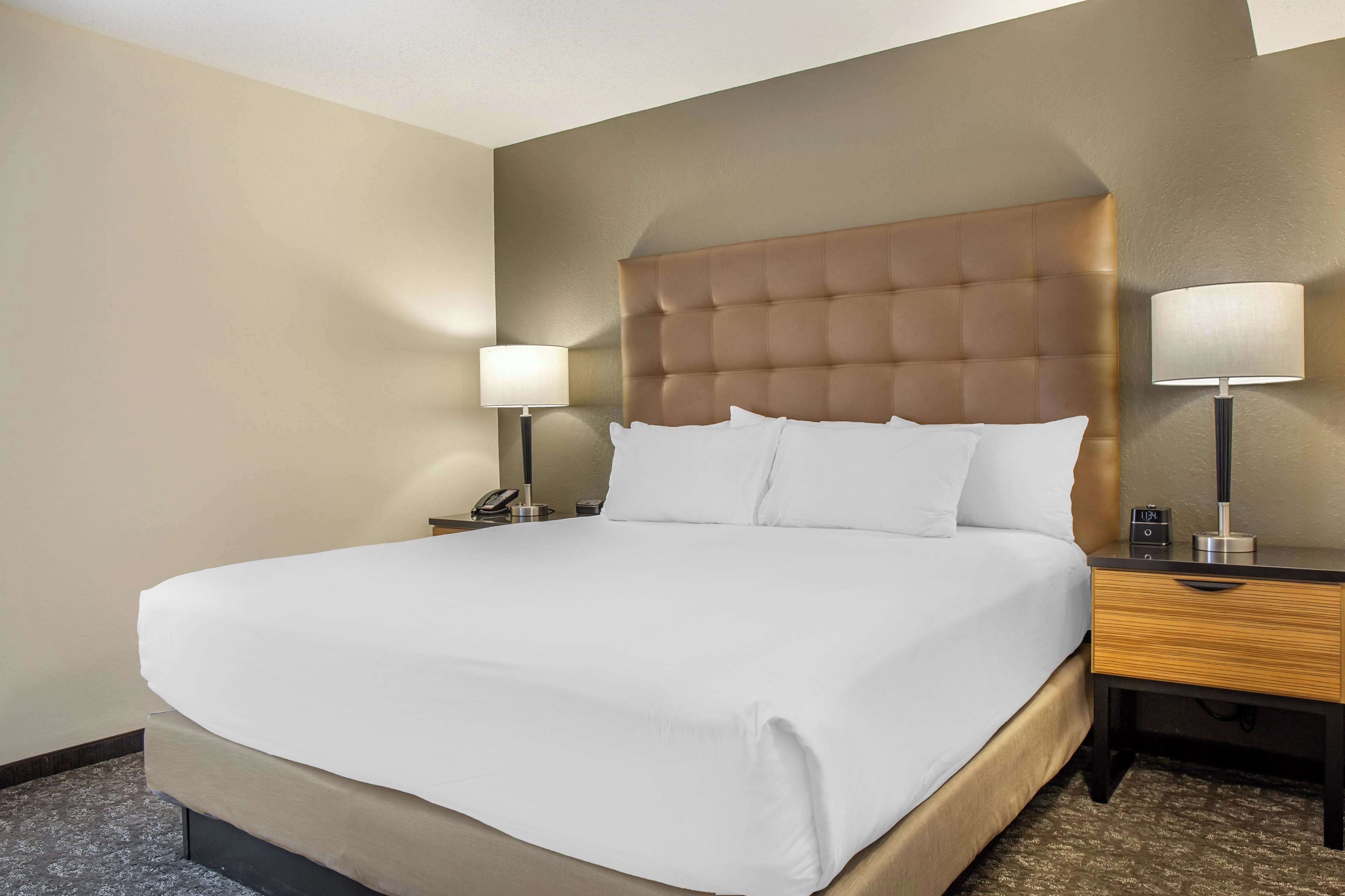 Habitación de hotel con una cama grande, dos mesitas de noche y lámparas.