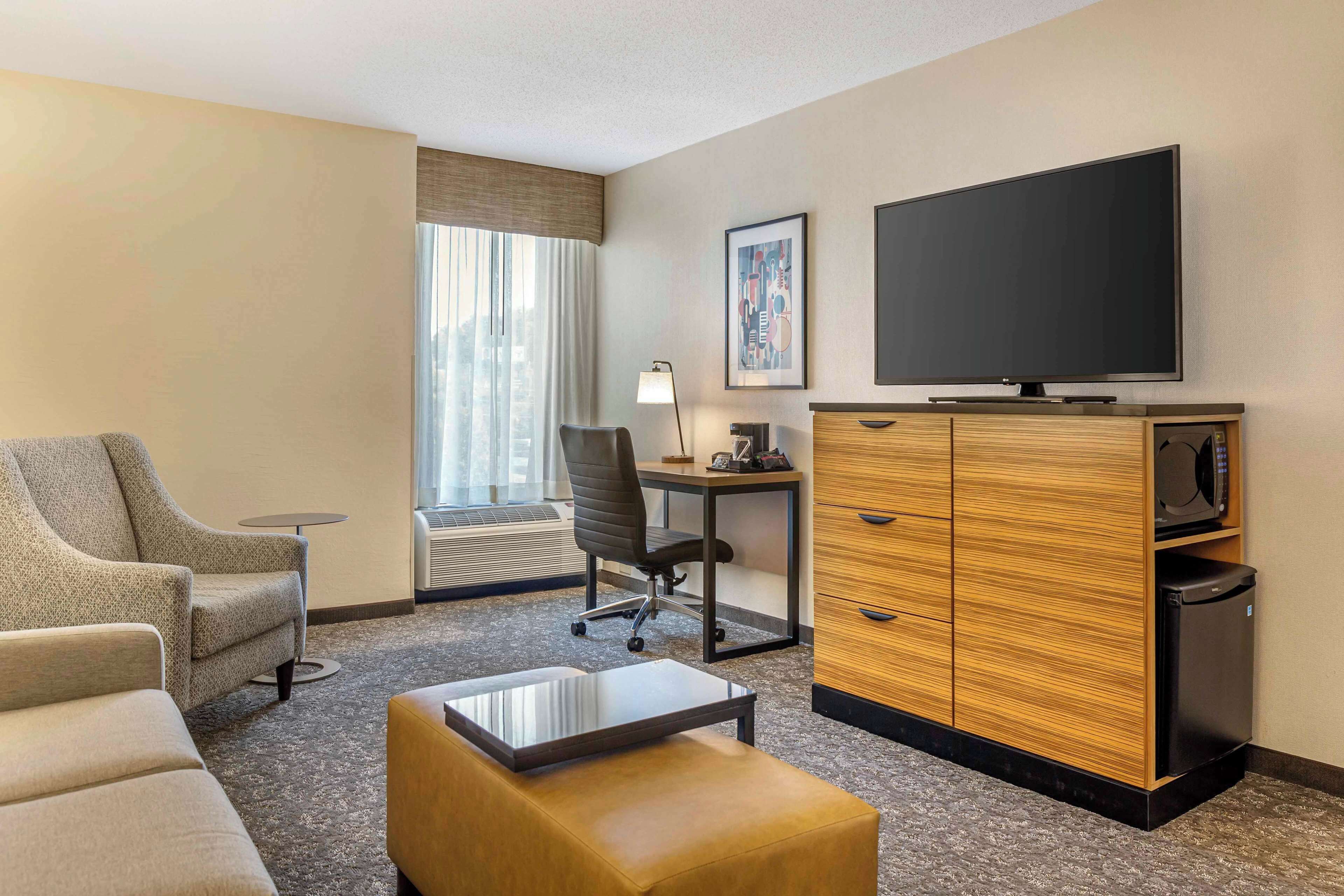 1 bedroom, desk, blackout curtains, iron/ironing board