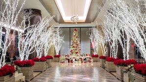 Um lobby com árvore de Natal, luzes brancas decorativas e bétulas vermelhas.